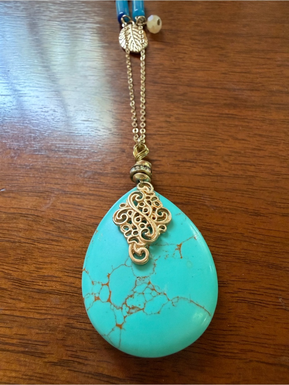 Turquoise Teardrop Pendant Necklace with Gold Filigree - Women Jewelry
